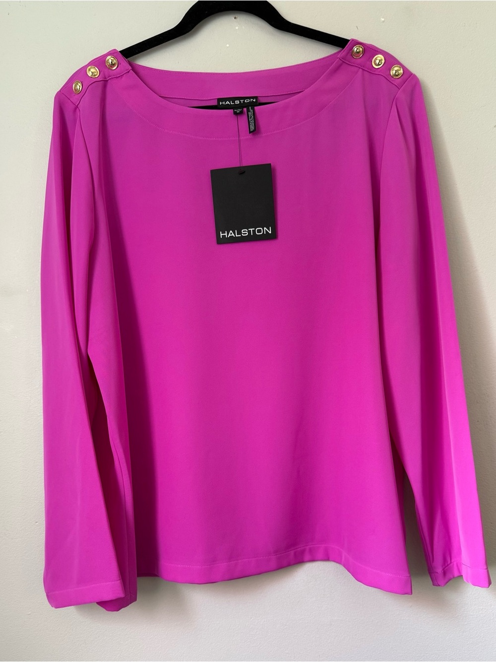 NWT Halston Bright Fuchsia Long-Sleeve Blouse with Gold Shoulder Buttons